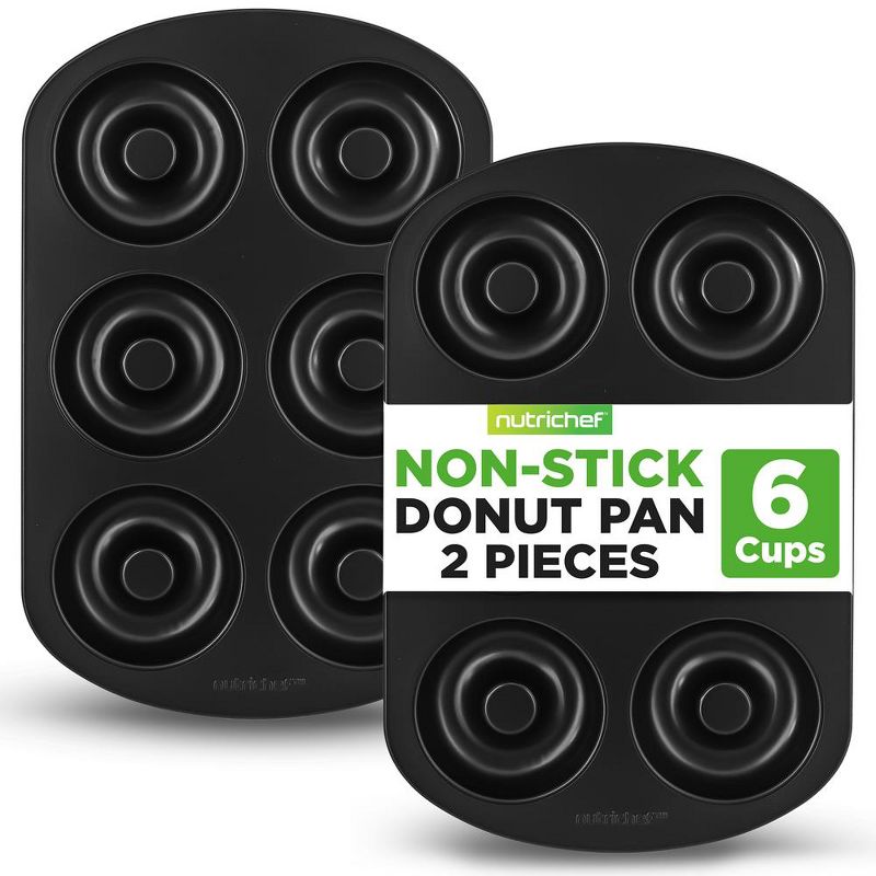 NutriChef 2pc 6-Cavity Donut Pan Non-Stick Carbon Steel for Pastries and Donuts - Black