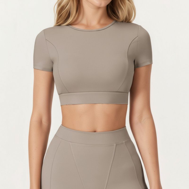 Anna-Kaci Active Women's Ribbed Cropped Short-Sleeve Top with Contour Waist Detail - Small, Khaki