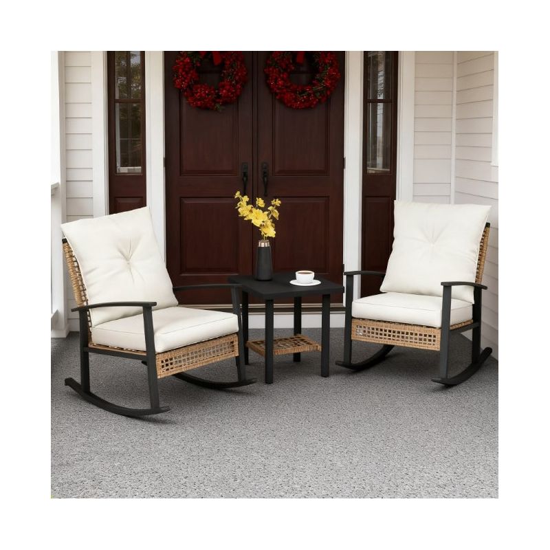 GDFStudio Ocilla Outdoor Iron and Rattan 3 Piece Chat Set, Beige/Black