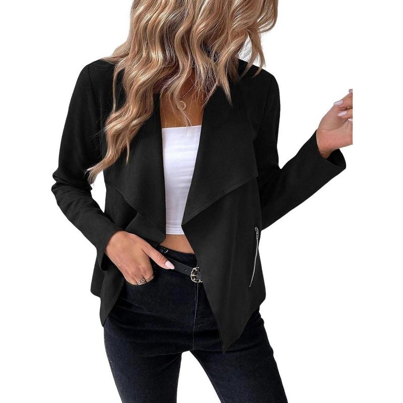 Coolmee Womens Faux Suede Jackets Dressy Casual Lapel Long Sleeve Open Front Cropped Outerwear Coats with Pocket Black L