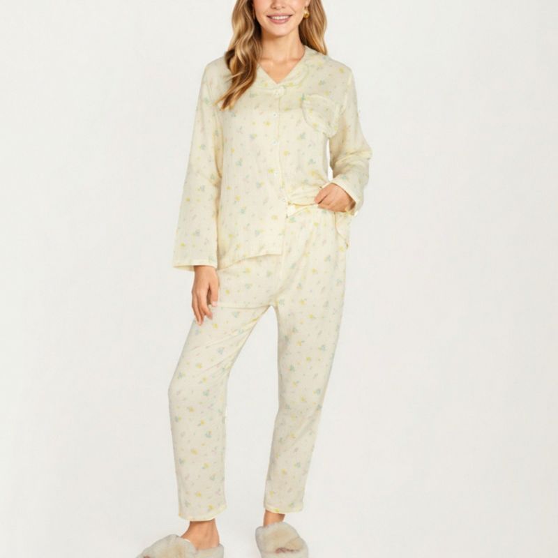 Anna-Kaci Lounge Women's 2-Piece Set Button Front Pajama Top with Ruffled Collar and Relaxed Fit Pants - Large, Light Beige