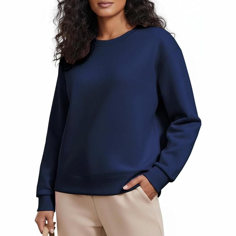 Pinspark Womens Sweatshirt Crewneck Long Sleeve Lightweight Soft Pullover Yoga Loose Fit Side Slit Sweatshirts Casual Fall-Navy-S