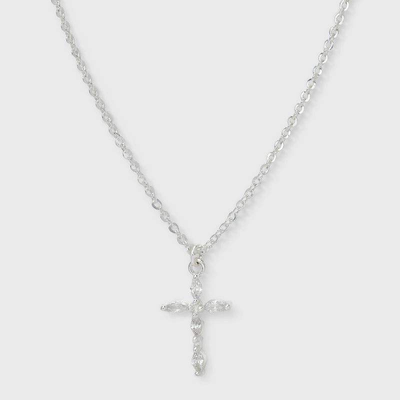 Silver Plated Cubic Zirconia Cross Pendant Necklace - A New Day™ Silver