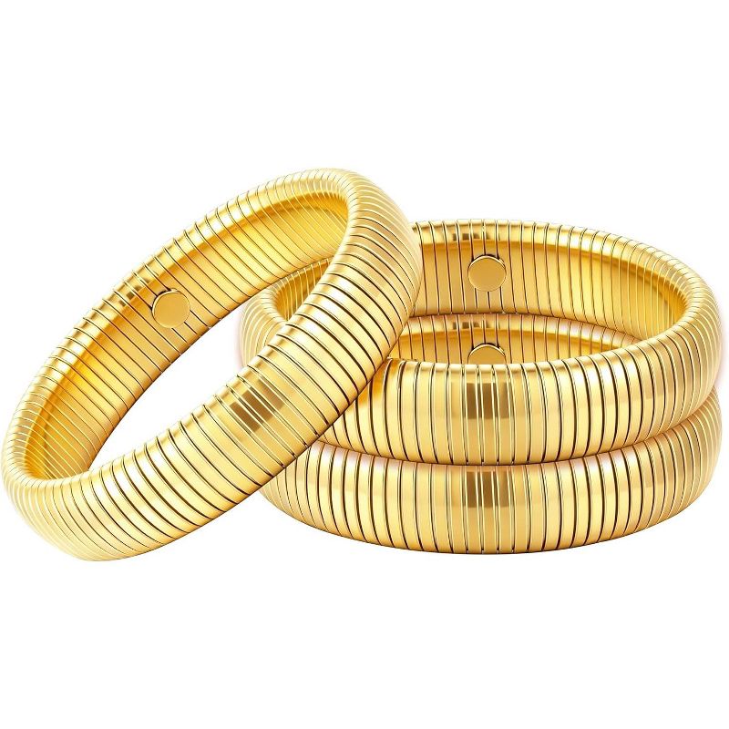 Chunky Stretch Bangles Bracelets 24K Gold Plated Stainless Steel Bracelets Flexible Wide Stack Bracelets 3 Pcs Gold Set-10mm 6.2