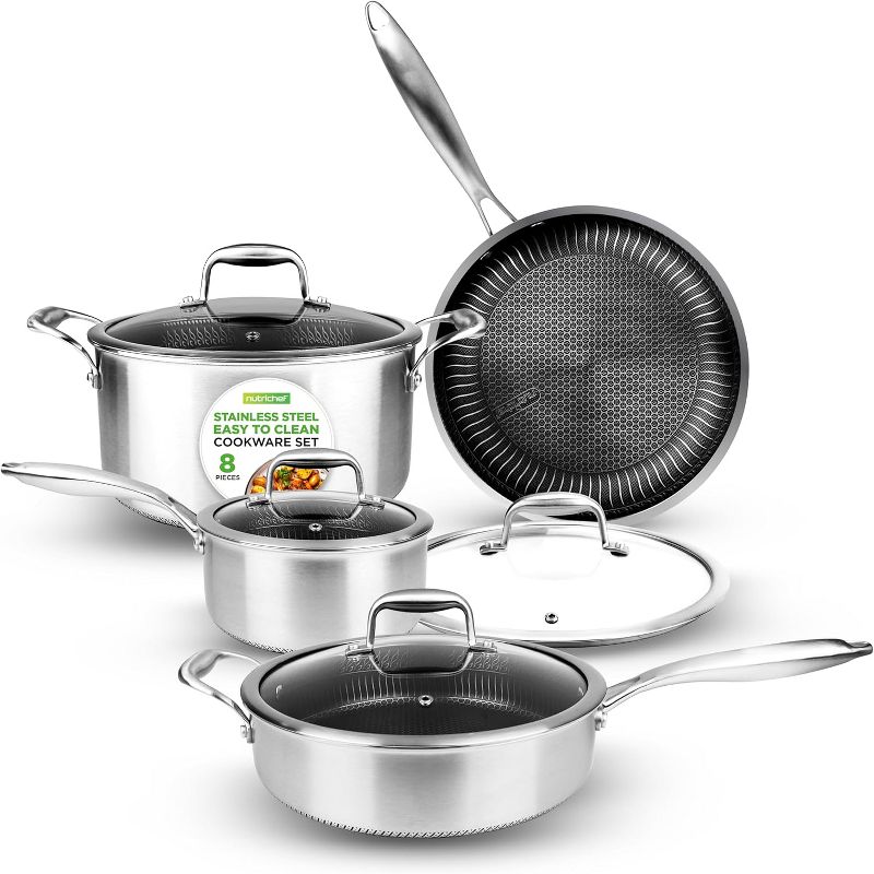 NutriChef 8-Piece Triply Stainless Steel Cookware Set with Non-Stick Coating NC3PLY8Z