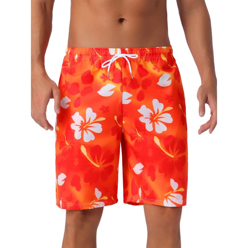 INSPIRE CHIC Men's Tropical Floral Print Elastic Waist Drawstring Hawaiian Summer Beach Swim Shorts Red 32