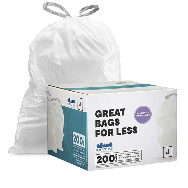 Plasticplace Can Liners Compatible with simplehuman Code J Drawstring Trash Bags, 10-10.5 Gallon (200 Count), Lavender & Soft Vanilla Scented