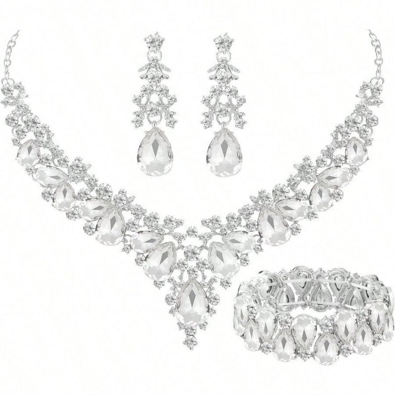 Elegant Teardrop Crystal Leaf Jewelry Set - Necklace, Earrings & Bracelet for Bridal & Formal Occasions Silver Standard