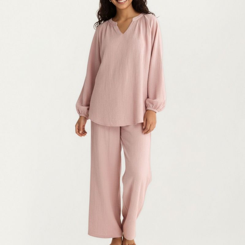 Anna-Kaci Lounge Women's 2-Piece Set Textured Long Sleeve V-Neck Top and Wide Leg Pants - Small, Mauve Pink