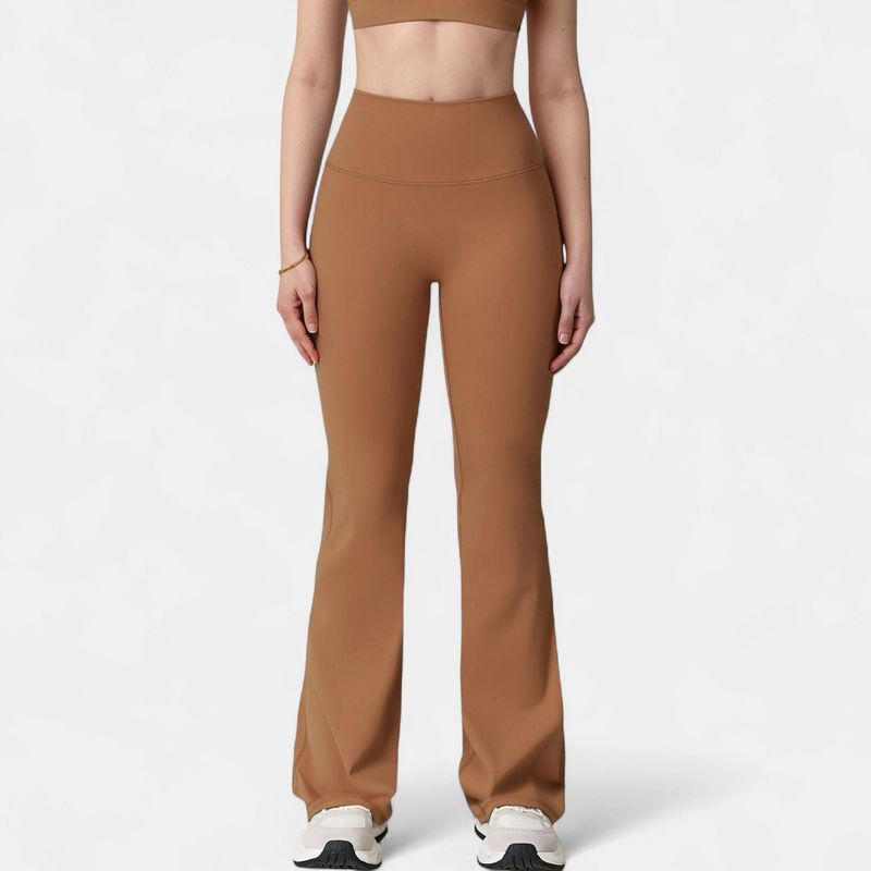 Anna-Kaci Active Women's High Waist Flared Leg Stretch Pants Smooth Fabric Seamless Waistband Active Lounge Bottoms - X Large, Brown