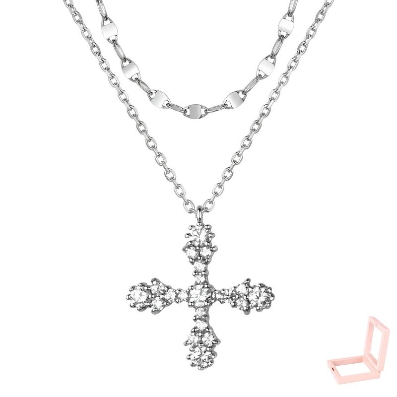 Dainty Silver-Tone Alloy Double-Layer Cross Pendant Necklace - Paved CZ, Stylish Gift for Her