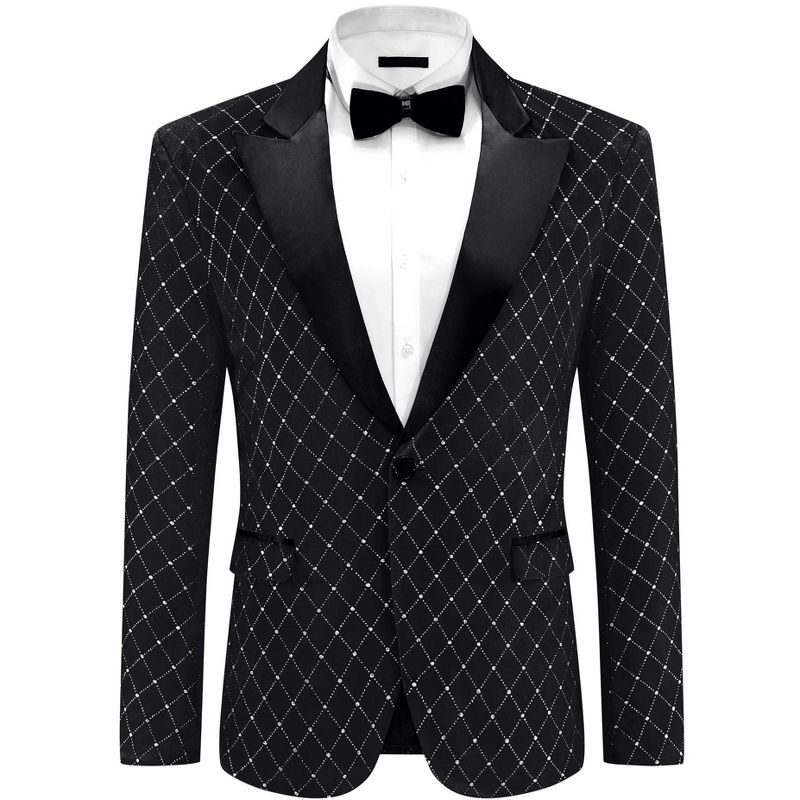 Lars Amadeus Men's Peak Lapel Tuxedo Wedding Shiny Argyle Velvet Suit Jacket Black Small