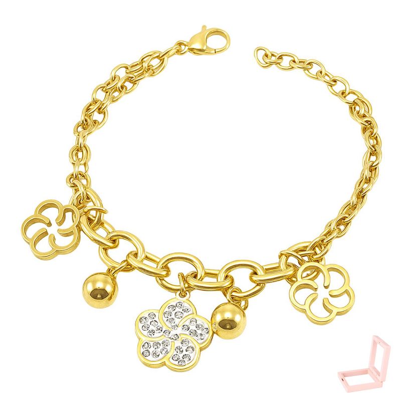 Women's Gold-Tone Clover Charm Bracelet, Adjustable Crystal-Embellished Jewelry for Lucky & Feminine Daily Style