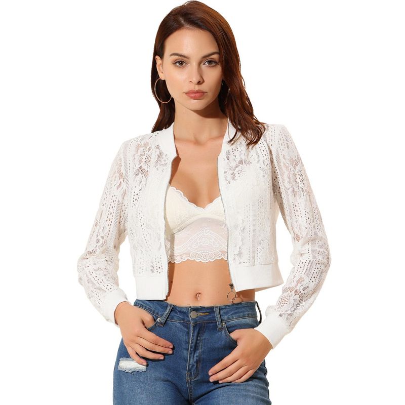 INSPIRE CHIC Women's Stand Collar Zip Up Mesh Sheer Lace Bomber Jacket White Medium