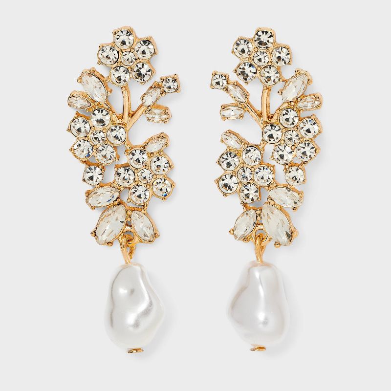 Crystal Vine Pearl Drop Earrings - A New Day™ Gold/Clear