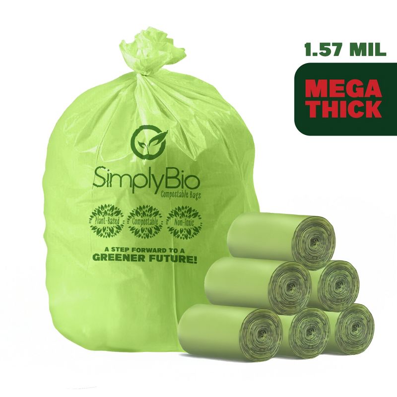 Simply Bio 64 Gallon Compostable Trash Bags Liners Flat-Top, Heavy Duty Extra Thick 1.57 Mil, 227.12 Liter, 60 Bags, Lawn, Yard, and Restaurant Use
