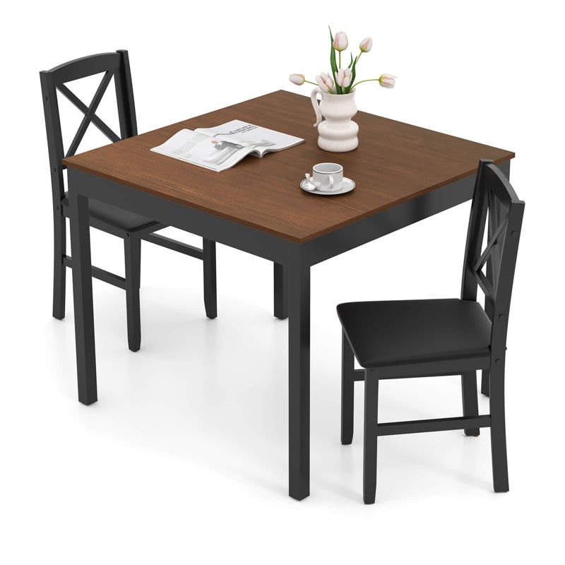 Costway 3 PCS Dining Table Set Wooden Square Kitchen Table with 2 Upholstered Chairs Brown