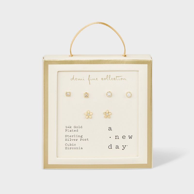 14k Gold Plated Cubic Zirconia Square Round Bezel and Flower Stud Earring Set 3pc - A New Day™ Gold: Brass, Nickel-Free, Post Closure
