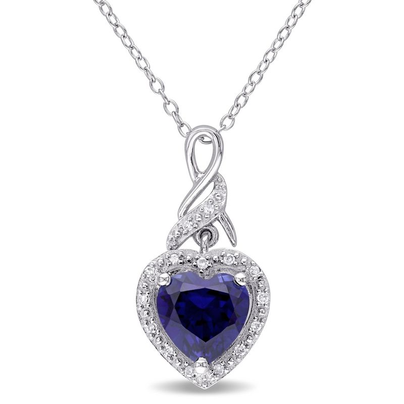 EVERLY JEWELRY | Sterling Silver 0.06 CT Diamond TW & 2 1/4 CT TGW Created Blue Sapphire Heart Pendant With Chain