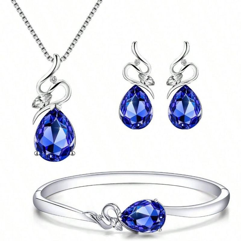 18K White Gold Plated Crystal Jewelry Set: Necklace, Bracelet, Earrings for Wife, Girlfriend, Mother‘s Day Gift blue Standard