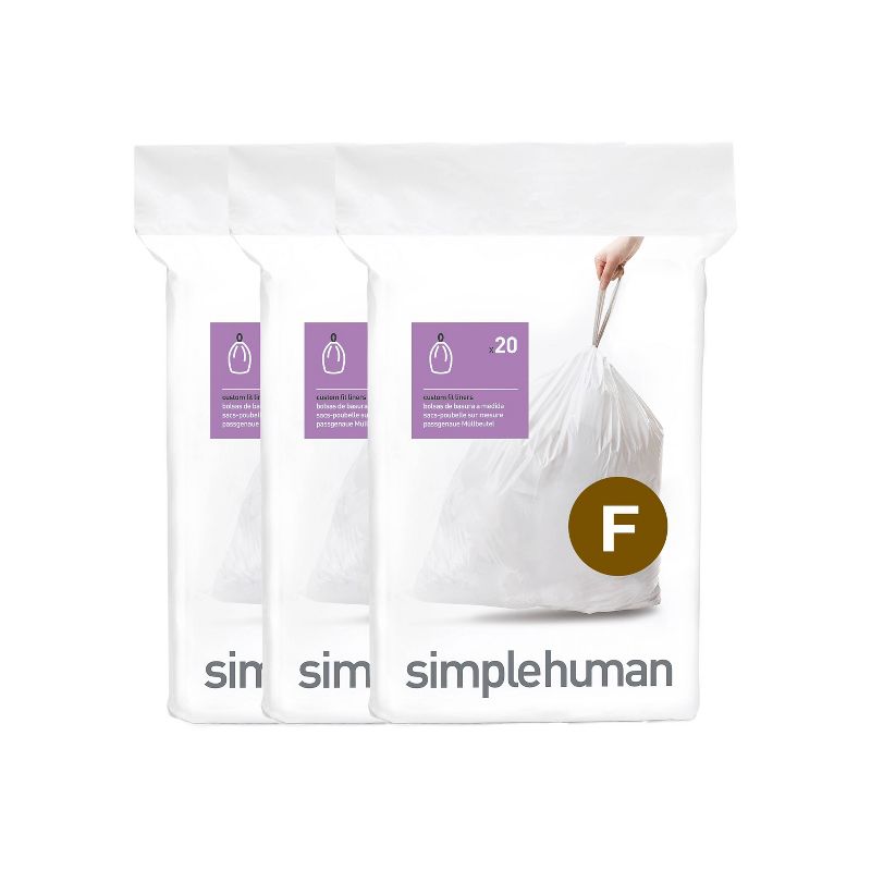 simplehuman 25L Code F Custom Fit Kitchen Trash Bag Liners 3 Quick-Dispense Packs - 60ct: Tall Kitchen, Drawstring, White