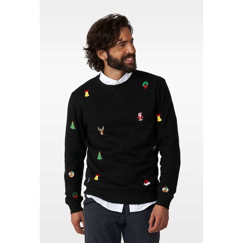 OppoSuits Deluxe Christmas Sweater for Men - X- Mas Icons - Black - With Stylish Christmas Icons - Long Sleeve - Crew Neck - Size Small