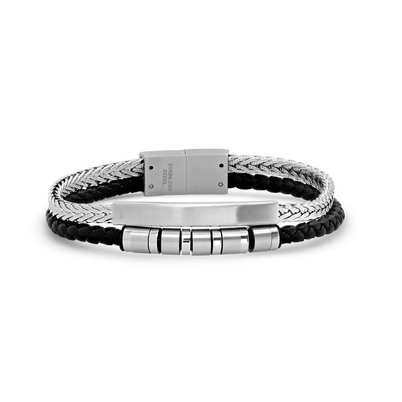 Steeltime Men's double layer black braided leather and stainless stseel wheat chain id bracelet