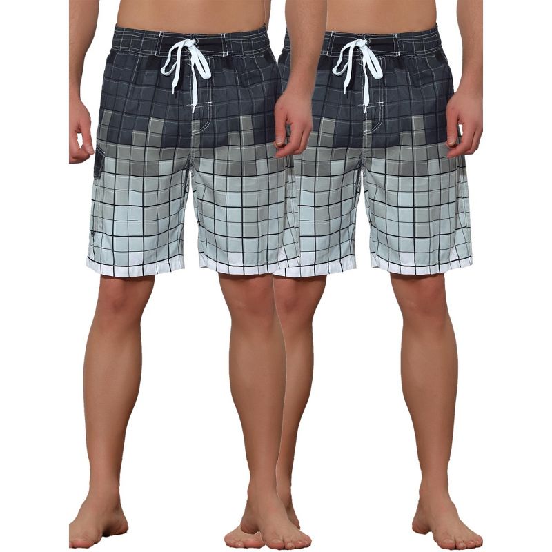 Lars Amadeus Men's Hawaiian Drawstring Waist Color Block Plaid Board Shorts 2 Packs Gray/Gray 36