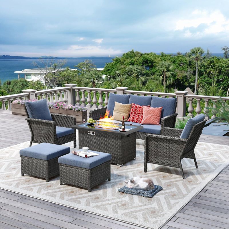 Brafab 6-Piece Patio Furniture Set with Fire Pit Table 44", Outdoor Patio Conversation Sets W/Loveseats for Yard, Garden, Porch, Blue