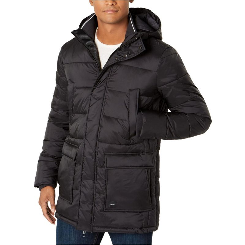 Calvin Klein Mens Winter Hooded Puffer Jacket, black, Small