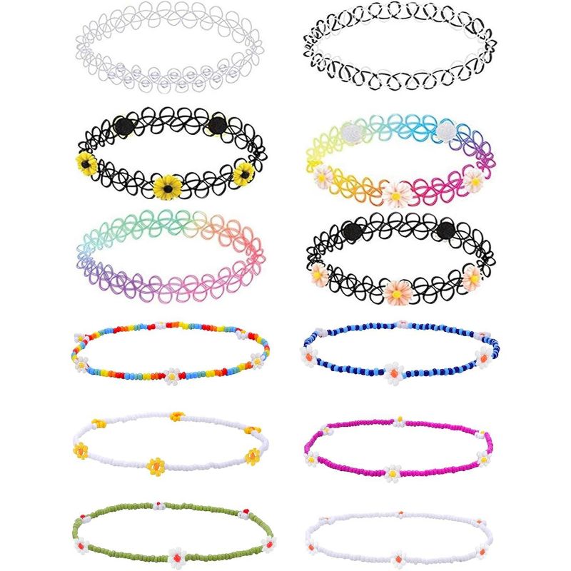 12PC Tattoo Choker Necklace for Women - 90s Choker Necklaces Y2K Vintage-Emo Black Choker Rainbow Pink White Purple Neon Green Blue Daisy Flower