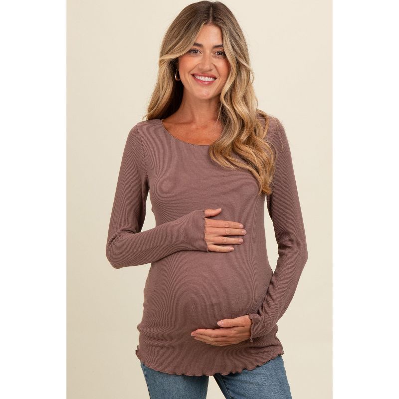PinkBlush Brown Ribbed Knit Long Sleeve Lettuce Hem Maternity Top Brown X Large