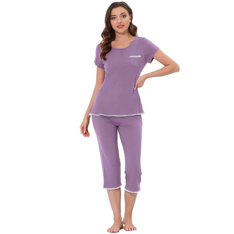 cheibear Women's Round Neck Loungewear with Capri Pants Pajama Set Purple X-Large