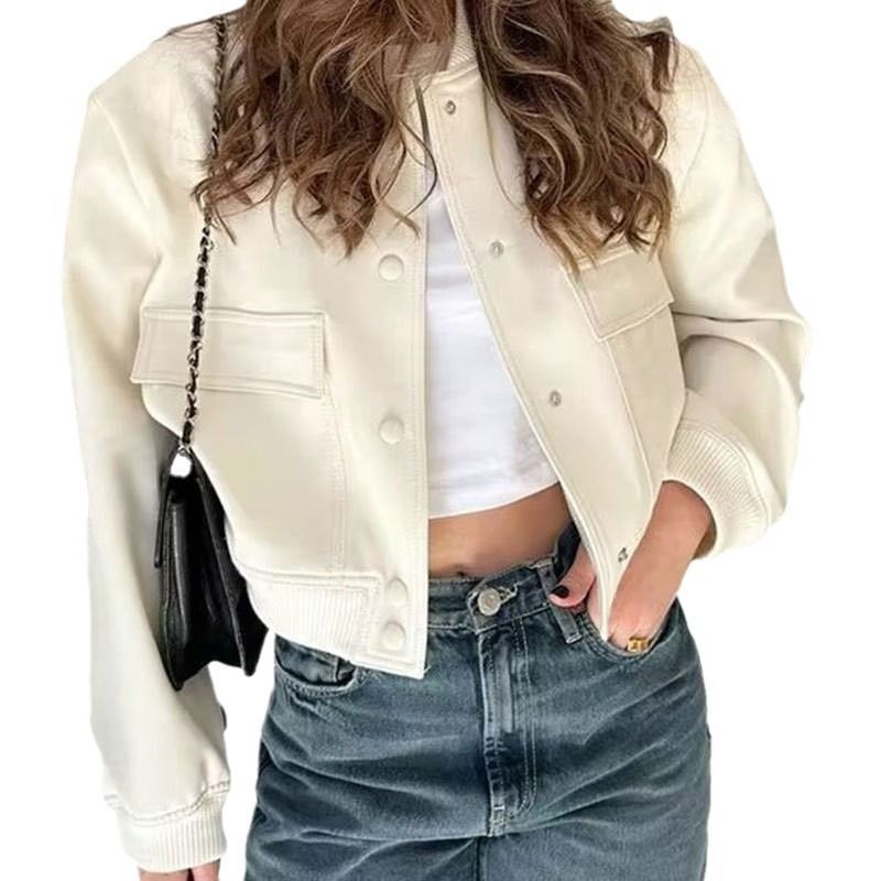Coolmee Womens Cropped Bomber Jacket Button Down Varsity Jackets Shackets with Pockets Apricot L