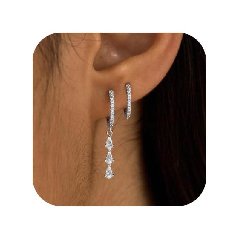 Gold & Silver Plated Huggie Hoop Earrings Set - Dainty CZ Dangle Stack, Hypoallergenic Cartilage Jewelry Gift cz dangle set One Size