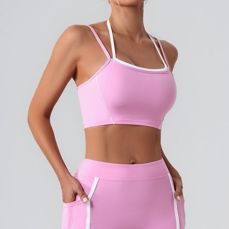 Women's Halter Sports Bra Adjustable Strap Sleeveless Yoga top, Pink, S