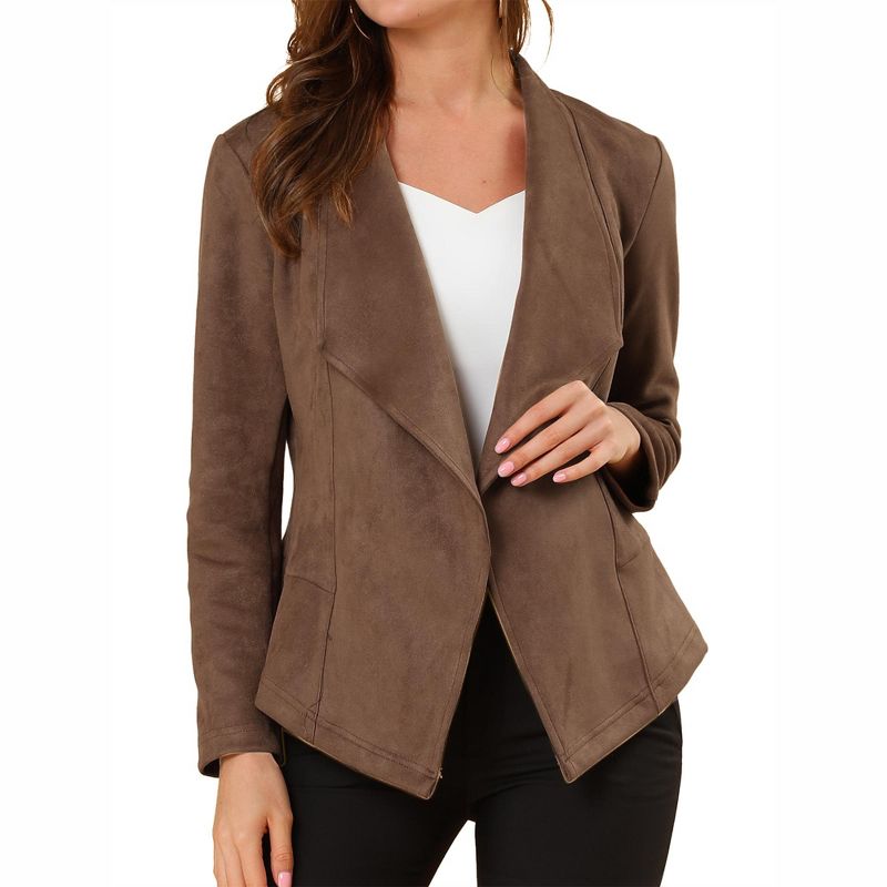 Allegra K Women's Faux Suede Lapel Draped Outwear Open Front Jacket Large Light Brown