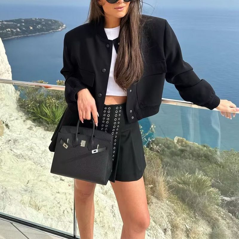 Coolmee Women's Cropped Bomber Jacket Button Down Varsity Jackets Shackets with Pockets Black L