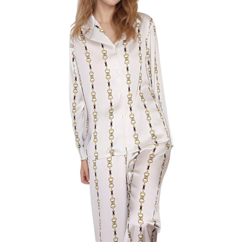 Anna-Kaci Lounge Women's Vertical Chain Print Pajama Set with Long Sleeve Notch Collar Button Down Top and Silky Relaxed Woven Pants - Large, White