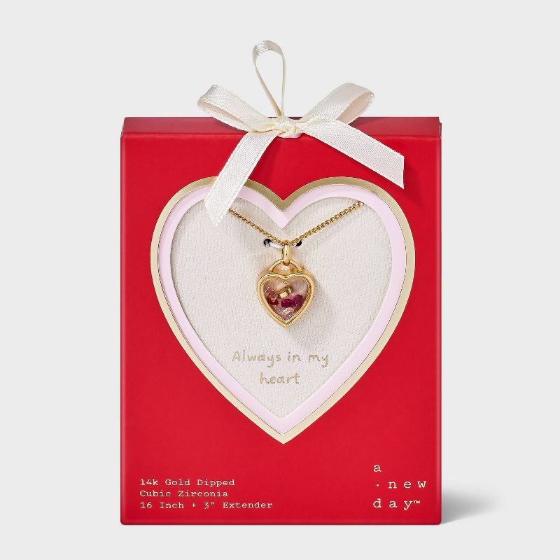14K Gold Dipped Cubic Zirconia Valentines Heart Shaker Pendant Necklace - A New Day™ Gold
