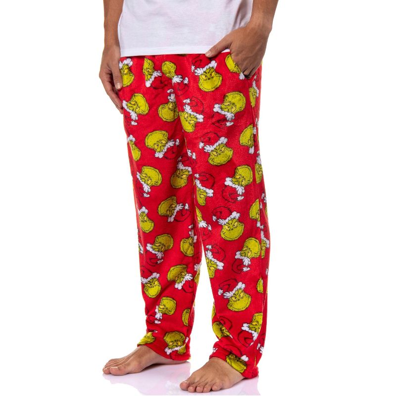 Dr. Seuss Men's GRINCH Santa Claus Toss Print Super Minky Fleece Lounge Pajama Pants (Medium) Red