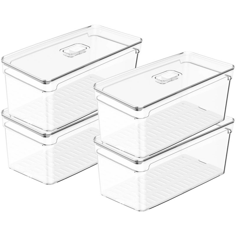 OU Fridge Organizer Bin with Vented Lid, Clear Stackable Refrigerator Storage Container, Produce Kitchen Storage Bin, BPA Free, 4 Pack