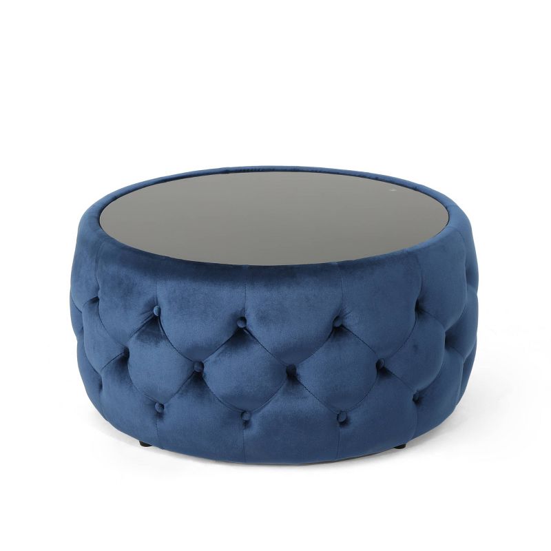 Chana Glam Coffee Table Ottoman Blue - Christopher Knight Home: Velvet, Tempered Glass, Luxury Living Room Furniture