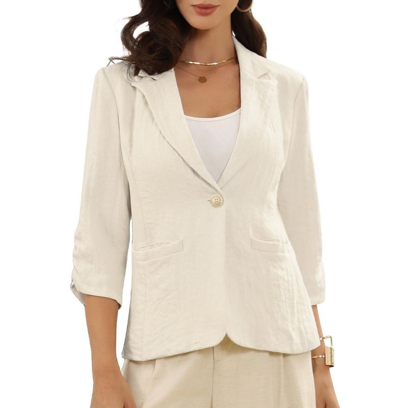 INSPIRE CHIC Women's Linen Notched Collar One Button 3/4 Sleeve Casual Work Business Blazers Large Beige