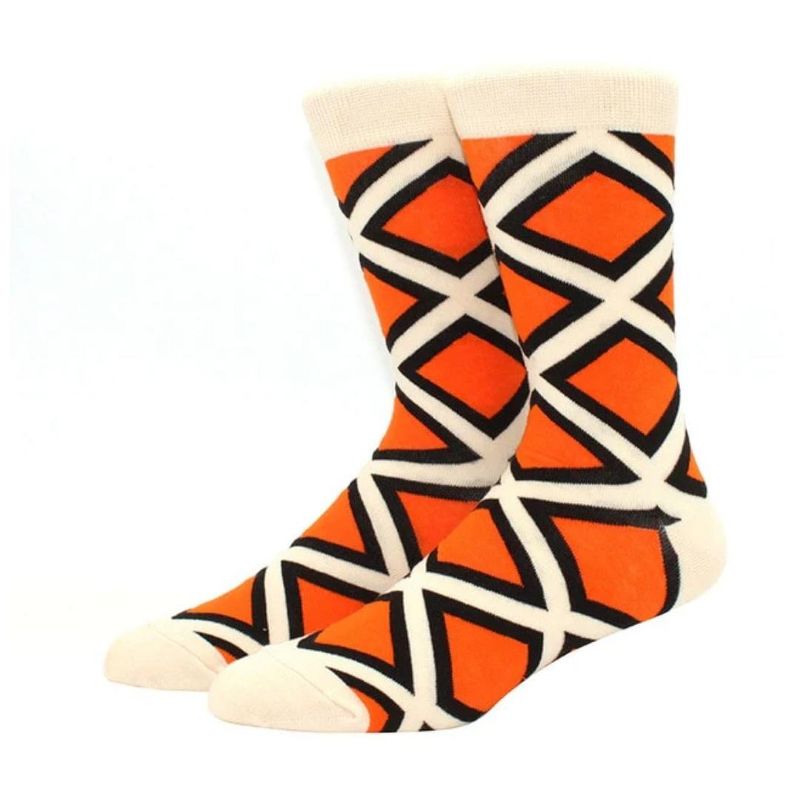 Orange and White Geometric Patterned Socks from the Sock Panda (Men's Sizes, Adult Large)