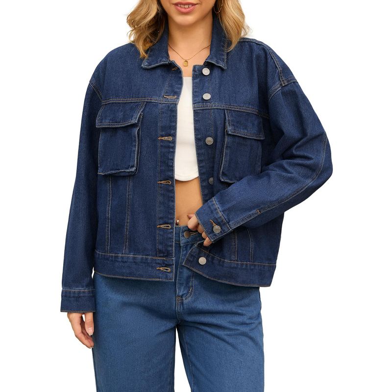 INSPIRE CHIC Women's Button Down Long Sleeve Oversized Denim Jacket Dark Blue Small