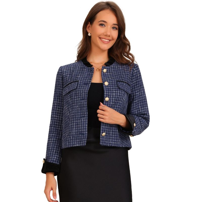 Allegra K Women's Elegant Tweed Plaid Button Winter Fall Work Office Short Suit Blazer Blue Large