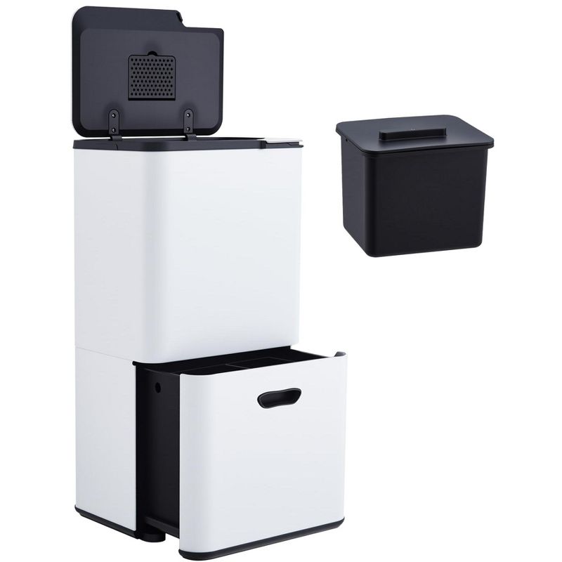 16 Gal Dual Trash Can for Kitchen, 2 Compartment (33l + 28l) Garbage Can with Compost Bin, Stainless Steel Trash and Recycle Bin Combo