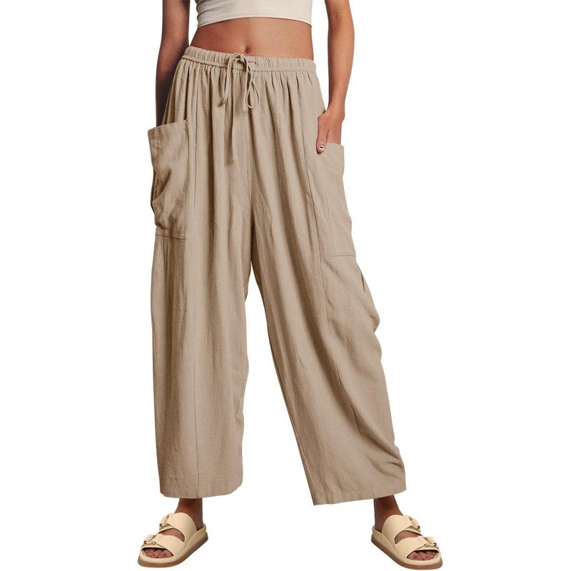 Coolmee Womens Baggy Wide Leg Pants Casual Drawstring Elastic Waisted Palazzo Harem Trousers with Pockets Khaki S