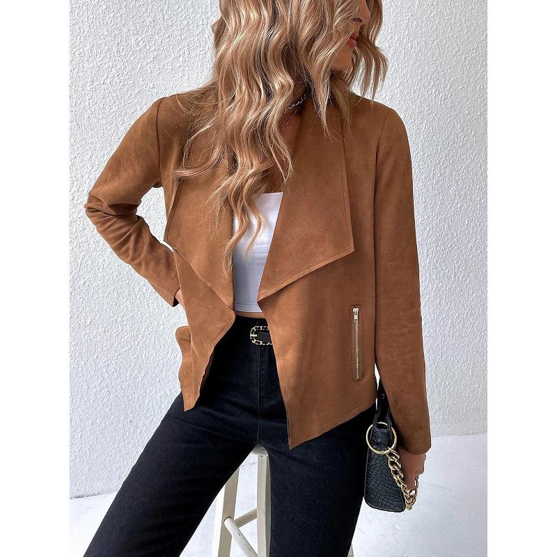 Women Jackets Lapel Long Sleeve Faux Suede Notch Cropped Jacket with Zip Pocket Brown XL